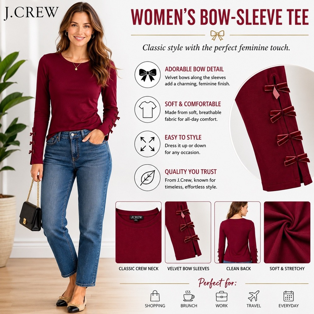 J.Crew Burgundy Ribbed Long Sleeve Top Velvet Bow Cuffs Womens Small NWT
